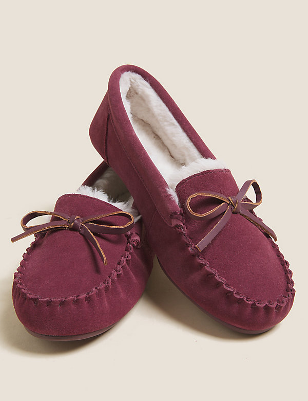 Suede Bow Faux Fur Lined Moccasin Slippers - KH