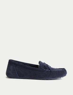 M&S Women's Suede Bow Faux Fur Lined Moccasin Slippers - 3 - Midnight Navy, Midnight Navy,Stone,Dust