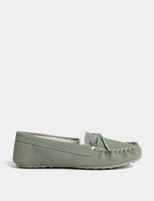 

Womens M&S Collection Suede Bow Faux Fur Lined Moccasin Slippers - Dark Sage, Dark Sage