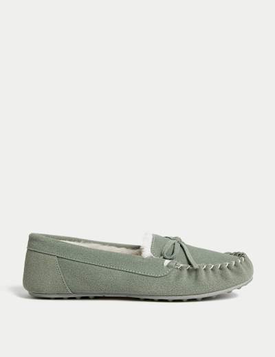 Suede Bow Faux Fur Lined Moccasin Slippers