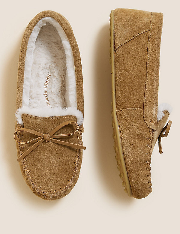 Suede Bow Faux Fur Lined Moccasin Slippers - TW
