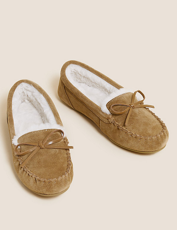 Suede Bow Faux Fur Lined Moccasin Slippers - EC