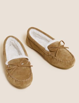 M&S Womens Suede Bow Faux Fur Lined Moccasin Slippers