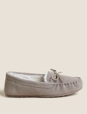 Marks And Spencer Womens M&S Collection Suede Bow Faux Fur Lined Moccasin Slippers - Mink Mix