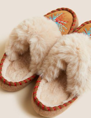

Womens M&S Collection Faux Fur Embroidered Mule Slippers - Chestnut, Chestnut