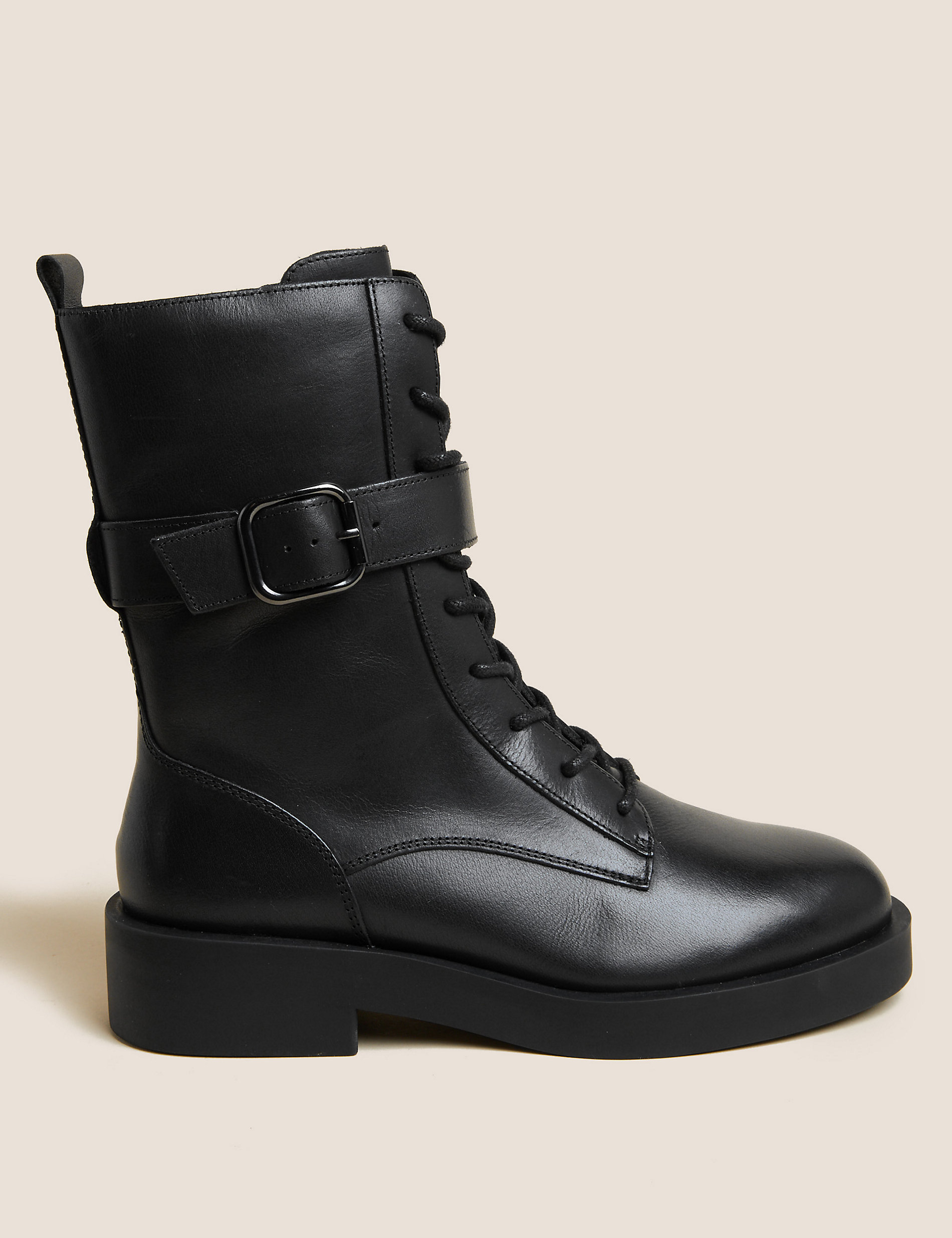 Leather Chunky Biker Buckle Ankle Boots