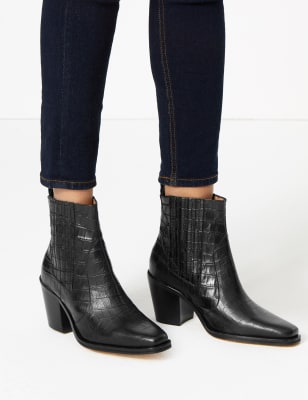 Leather Crocodile Print Block Heel Boots