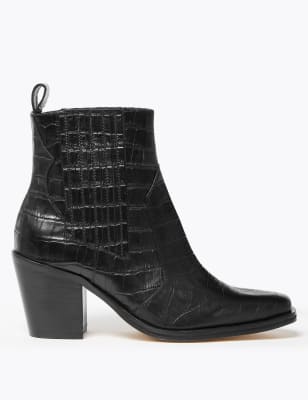 Leather Crocodile Print Block Heel Boots