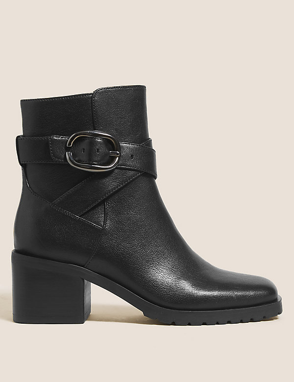 Leather Buckle Block Heel Ankle Boot