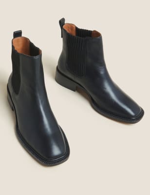 M&S Autograph Womens Leather Chelsea Square Toe Boots - 3 - Black, Black