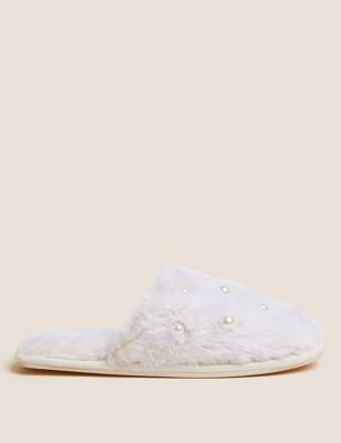 Faux Fur Embellished Mule Slippers - BH