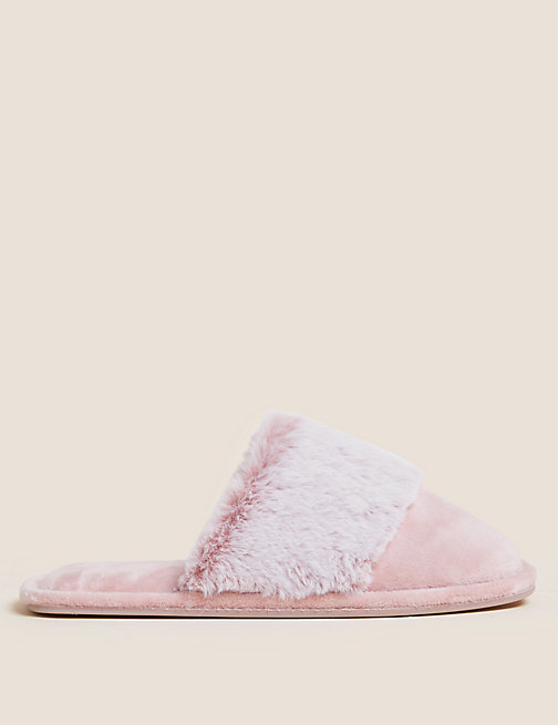Marks And Spencer Womens M&S Collection Faux Fur Cuff Mule Slippers - Pink