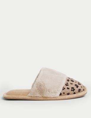 Marks And Spencer Womens M&S Collection Faux Fur Cuff Mule Slippers - Brown Mix, Brown Mix