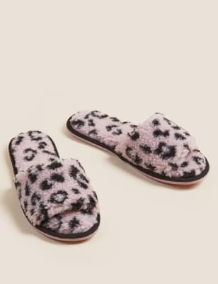 Borg Leopard Print Open Toe Mule Slippers