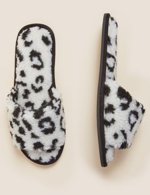 

Womens M&S Collection Borg Leopard Print Open Toe Mule Slippers - White Mix, White Mix