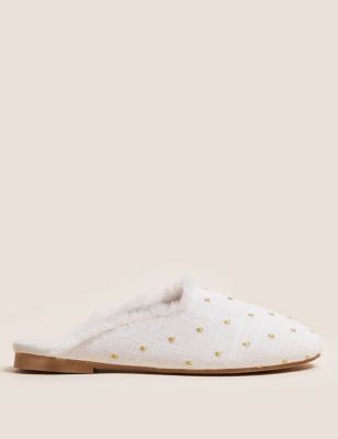 Womens M&S Collection Embroidered Faux Fur Lined Mule Slippers - Natural Mix, Natural Mix