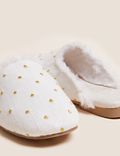 Embroidered Faux Fur Lined Mule Slippers