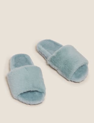 faux fur open toe slippers