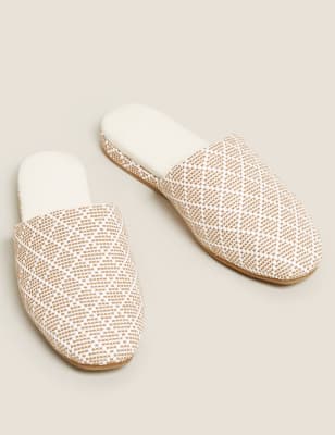 M&S Womens Wedge Square Toe Mule Slippers - 3 - Neutral, Neutral,Navy Mix