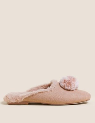 

Womens M&S Collection Felt Pom Pom Faux Fur Mule Slippers - Light Pink, Light Pink