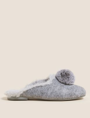Womens M&S Collection Felt Pom Pom Faux Fur Mule Slippers - Light Grey, Light Grey