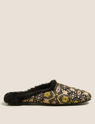 

Womens M&S Collection Pantoffeln mit Kunstfell und Jacquardmuster - Black Mix, Black Mix