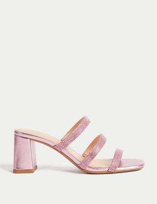 M&S Womens Sparkle Strappy Block Heel Mules - 3 - Pink, Pink,Beige