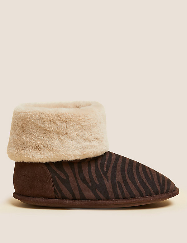 Zebra Print Faux Fur Cuff Slipper Boots - AT