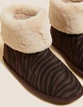 Zebra Print Faux Fur Cuff Slipper Boots