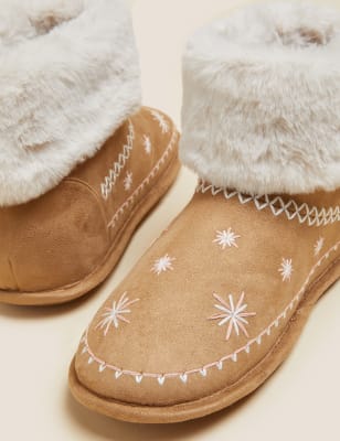 Embroidered Faux Fur Cuff Slipper Boots