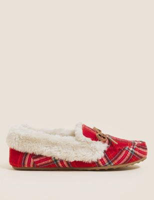 

Womens M&S Collection Checked Faux Fur Cuff Moccasin Slippers - Red Mix, Red Mix