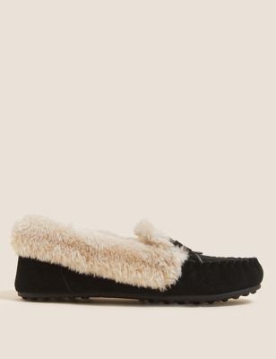 

Womens M&S Collection Suede Faux Fur Cuff Moccasin Slippers - Black, Black
