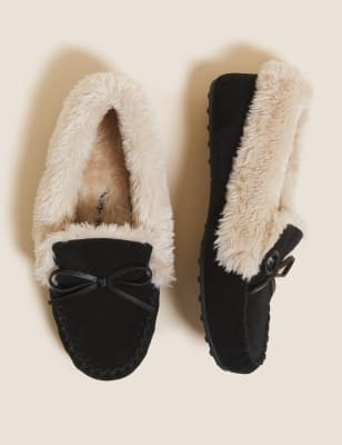 M&S Womens Suede Faux Fur Cuff Moccasin Slippers - 4 - Black, Black,Grey