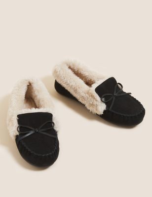 M&S Womens Suede Faux Fur Cuff Moccasin Slippers