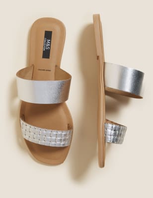 M&S Womens Leather Flat Mules - 3 - Silver, Silver