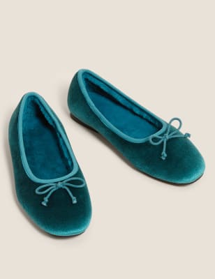 M&S Womens Velvet Bow Ballerina Slippers - 4 - Dark Teal, Dark Teal,Black