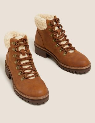 M&S Womens Hiker Borg Lined Block Heel Ankle Boots