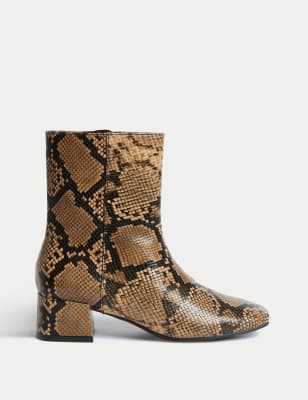 Snake print block hot sale heel boots