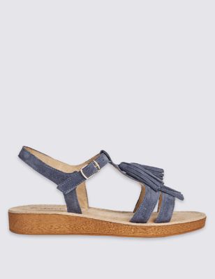 Suede Buckle Fringe Sandals with Footglove™