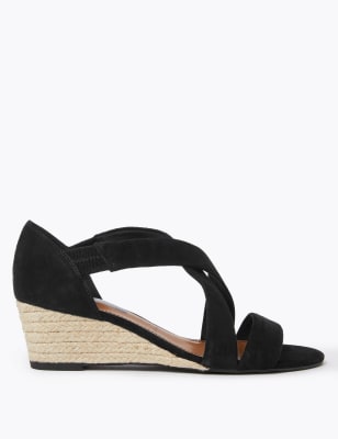M&S Womens Suede Wedge Open Toe Sandals - 7.5 - Black, Black