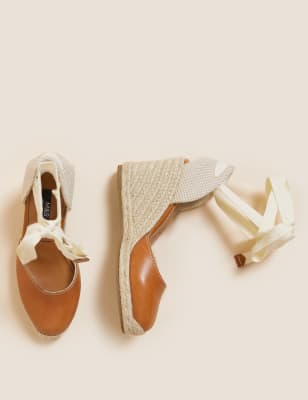 Leather Ankle Strap Wedge Espadrilles