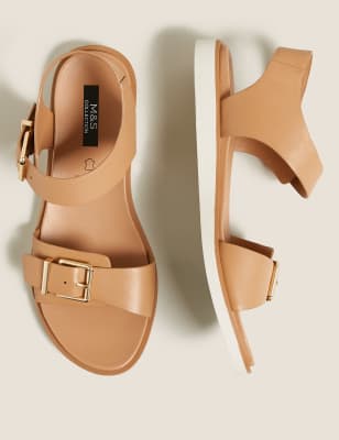 M&S Womens Leather Buckle Flat Sandals - 3, Sand,Black,Navy