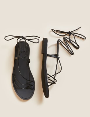 M&S Womens Leather Strappy Flat Gladiator Sandals - 3.5 - Black, Black,White