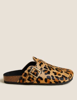 Leather Leopard Print Buckle Clog Mules