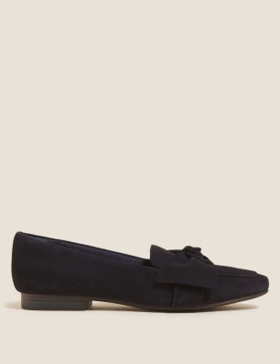 black suede bow loafers