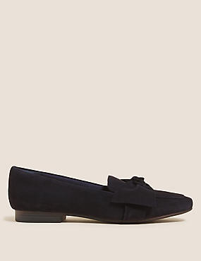 Suede Bow Flat Square Toe Loafers