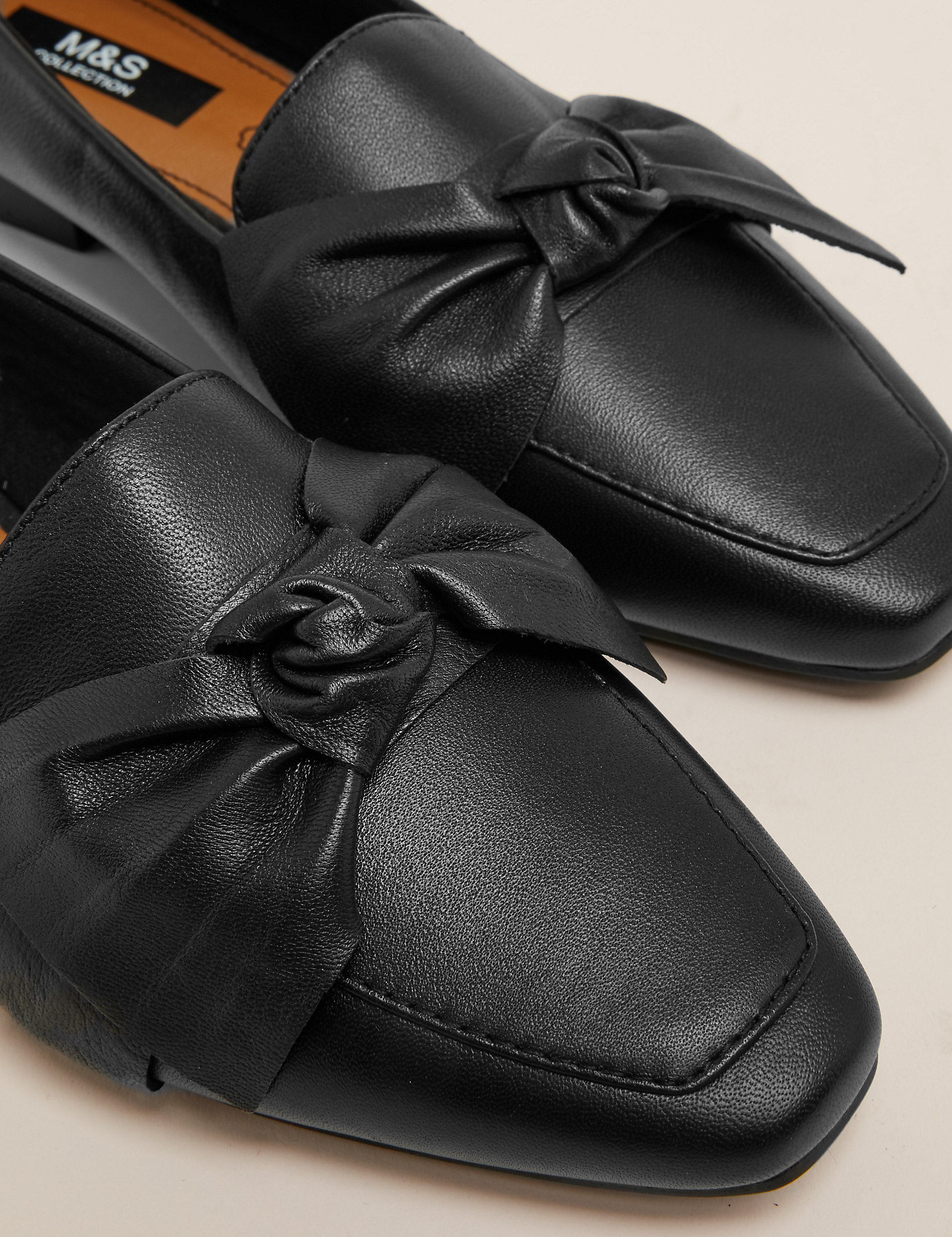 Leather Bow Flat Square Toe Loafers
