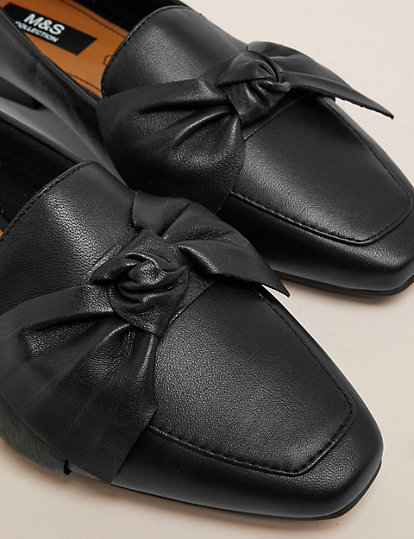 Leather Bow Flat Square Toe Loafers