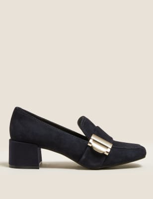  Mocassins en daim à talons carrés et boucle - Navy