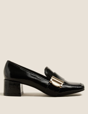 

Womens M&S Collection Leather Patent Buckle Block Heel Loafers - Black, Black